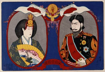 Retratos de suas Majestades Imperiais, Imperador e Imperatriz Meiji (impressão em xilogravura colorida)