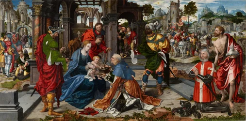 A Adoração dos Magos com o Doador Philippe de Villiers de l&39;Isle-Adam, c.1530 (óleo sobre painel de carvalho)
