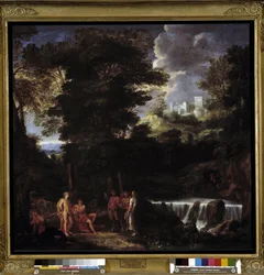 Marsyas tocando flauta diante de Apolo e Midas O sátiro desafia o deus Apolo, rei de lira diante do rei Midas e das Musas