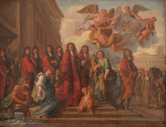 Os vereadores de Paris deixam o Hotel de Ville em direção a Notre Dame para agradecer a vitória de Seneffe em 1674, c.1681 (óleo sobre tela)