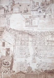 Um jardim de uma casa de cidade, com parterres e pérgula de videira, encerrado por edifícios, c.1677 (caneta e tinta castanha com lavagem castanha)