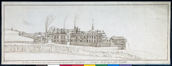 A Abadia de Montmartre, com chaminés a fumar (caneta e tinta sobre papel)