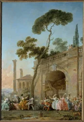 Colin-aillard (Jogo do Colin Maillard). Pintura por Halle de Natal (1711-1781), cerca de 1770-1780. Óleo sobre tela. Amiens, Musee De Picardie