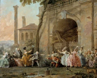 Colin-Aillard, detalhe dos jogadores de Colin-Aillard. Pintura por Halle de Natal (1711-1781), cerca de 1770-1780. Óleo sobre tela. Amiens, Musee De Picardie