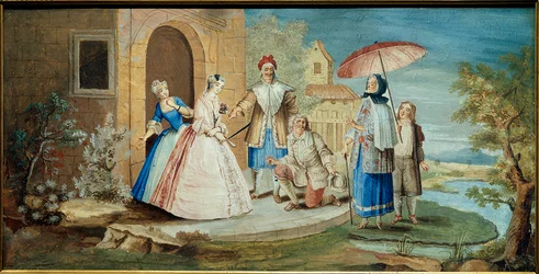 O comediante e dramaturgo Jean Baptiste Poquelin dit Moliere (um joelho no chão) e seus comediantes na peça Georges Dandin ou le mari confusos" em 1668. Pintura de Natal Coypel (1628-1707) 1668 Coleção Jacques Lorcey