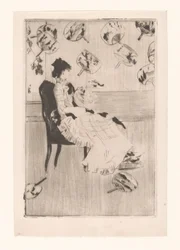 Mulher sentada rodeada de fãs japoneses