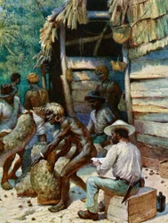 Um comerciante da Ilha do Mar do Sul e seus sacos de nozes de marfim, 1908