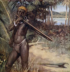 Ilhas Salomão tocando o "Ivivu" ou Flauta (cor litho)