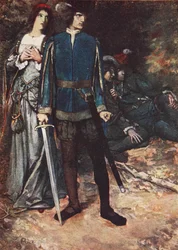Desafio-te a respirar no meu amor, Dois Cavalheiros de Verona, Acto V Cena 4, ilustração de "Contos de Shakespeare" de Charles e Mary Lamb