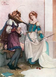 A gentil Catarina. A Megera Domada - Ato II, Cena 1 (litografia a cores)