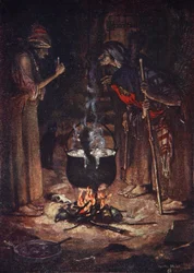 The Weird Sisters, Macbeth, Acto IV Cena 1, ilustração de "Contos de Shakespeare" de Charles e Mary Lamb