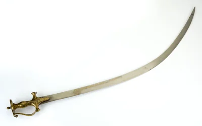 Sabre de Talwar com punho indo-muçulmano do tipo Panjabi, lâmina possivelmente do século 18, punho do século 19 (aço, ferro russeted, ouro falso-damasco)