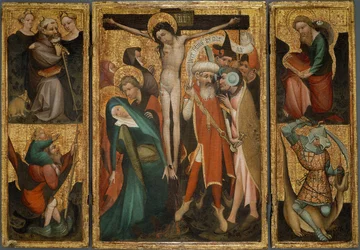 Tríptico da Crucificação com os santos António, Cristóvão, Tiago e Jorge, c.1400 (têmpera e óleo (estimado) sobre painel)