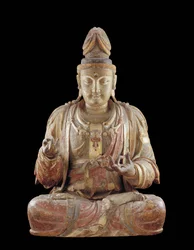 O Bodissatva Guanyin (madeira, gesso, pigmentos minerais e ouro)
