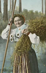 Menina norueguesa durante a colheita (foto colorida)