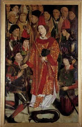 São Vicente, padroeiro do Políptico de Lisboa de São Vicente de Saragoça rodeado de cavaleiros eveques. Pintura atribuída a Nuno Gonçalves ou Gonzalvez (século XV) Museu Nacional de Arte Antiga, Lisboa.