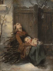 Mãe morta destituída, segurando seu filho adormecido no inverno, c. 1850