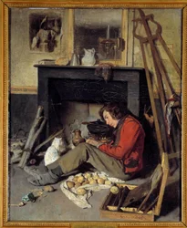 Interior da oficina Um pintor perto da sua lareira. Pintura de Octave Tassaert (1800-1874) 1845 Sol. 0,46x0,38 m