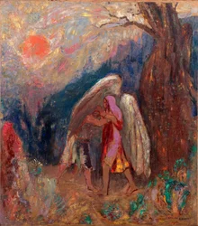 Jacob e o anjo. Pintura por Odilon Redon (1840-1916), óleo sobre tela, cerca de 1907. Arte francesa, século XX, simbolismo. Museu de Arte Moderna, Nova Iorque (EUA).