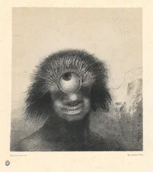 Le polype difforme flottait sur les rivages, sorte de cyclope souriant et hideux - The Misshapen Polyp Floated on the Shores, a S sort of Smiling and Hideous Cyclops. Da série Les Origines par Redon, Odilon (1840-1916). Litografia, tamanho : 21,4x19,9