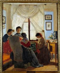 Risorgimento: "Mulheres costurando camisas vermelhas" Pintura de Odoardo Borrani (1834-1905) 1863 Coleção particular