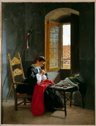 Risorgimento: "Mulher cosendo uma bandeira italiana em 26/04/1859" pintura de Odoardo Borrani (1834-1905) 1859 coleção particular milanesa