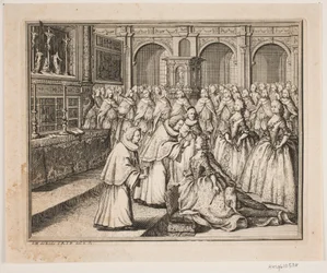 O bispo Hersleb unge a rainha Louise na igreja do Castelo de Frederiksborg. Ilustração para o ato de unção de Frederik IV