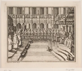 O rei Frederico V e a rainha Luísa durante a cerimónia da unção na igreja do Castelo de Frederiksborg. Ilustração para o ato de unção de Frederico IV