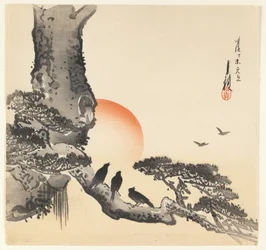 Corvos em um tronco de árvore, período Meiji, c.1890-1910 (impressão em xilogravura colorida)