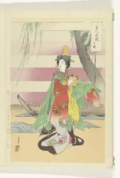 Dançando mulher por barco
Comparações entre belezas e flores (título da série)
Bijin hana kurabe (título da série sobre o objecto)