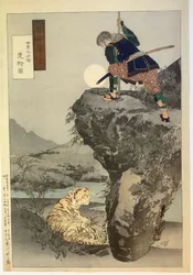 Mori Tahei numa caça ao tigre, dos Desenhos diversos de Gekkō