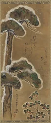 Pinheiro e arbusto cobertos de neve, período Edo, datado de 1741.