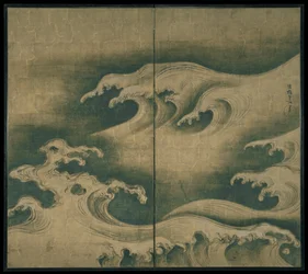 Ondas ásperas, tela dobrável de dois painéis, c.1704-9 (tinta, cor e folha de ouro sobre papel)