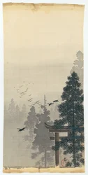 Paisagem com enxame de pássaros e torii