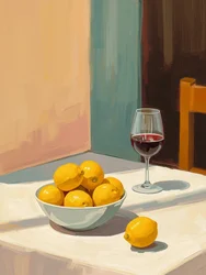 Natureza-morta com limões e copo de vinho tinto