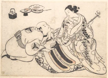Um homem ajoelhado, inclinado para a frente e a ouvir uma oiran que toca shamisen
