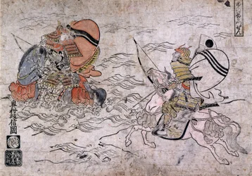 Batalha entre dois samurais inimigos durante a Batalha de Ichi-no-Tani. Pintura em papel por Okumura Masanobu, cerca de 1720.