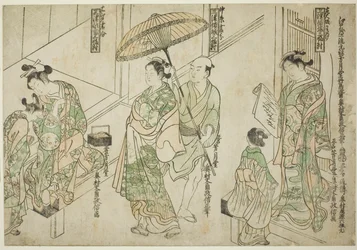 Cortesãs desenhadas em estilo Osaka (direita), estilo Kyoto (centro) e estilo Edo (esquerda), de "Cortesãs das Três Capitais: Um Conjunto de Três (Sanga no tsu keisei sanpukutsui)"