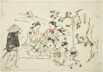 Aquecimento de saqué com folhas de ácer (Kanzake momijigari), n.º 9 de uma série de 12 gravuras que representam paródias de peças de teatro