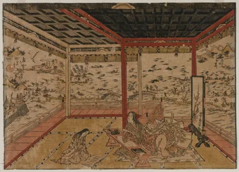 Lady Murasaki em Ishiyama com vista para um panorama com oito vistas do Lago Biwa