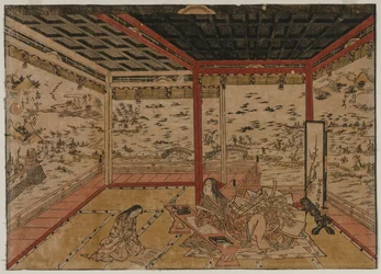 Lady Murasaki em Ishiyama, com vista para um panorama com sete vistas do Lago Biwa, década de 1740.