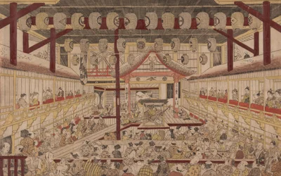 Vista em perspectiva do interior do Teatro Nakamura com Ichikawa Ebizo II como Yanone Goro