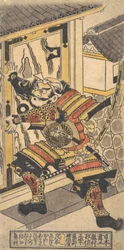 O ator Bando Hikosaburo no papel de Asahi na Saburo Breaking Open the Castle Doo..., ca. 1730.