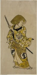 O ator Sawamura Kamesaburo como Nagoya Kosanza na peça "Keisei Fukubiki Nagoya", apresentada no Teatro Nakamura no primeiro mês de 1731