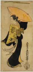 O ator Fujimura Handayu II como Nowake no Mae na peça "Tategami Teika Kazura", apresentada no Teatro Ichimura no décimo primeiro mês de 1719
