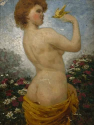 Mulher nua com um pássaro no verde