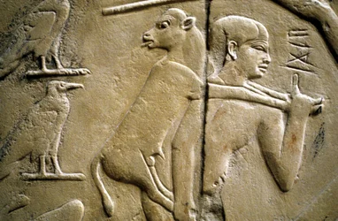Detalhe de um relevo representando um homem carregando um animal de sacrifício