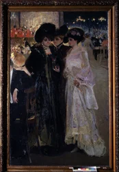 Café em Paris (França). (Café em Paris). Cena noturna, três mulheres conversam no meio de uma multidão à mesa, ao longe, uma orquestra e os postes da cidade. Pintura de Alexander Alexandrovich Murashko (Alexander Murashko) (1875-1919), óleo sobre tela