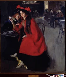 Em um café (Em um Café). Cena em um café provavelmente em Paris. Pintura de Alexander Alexandrovich Murashko (Alexander Murashko) (1875-1919), óleo sobre tela