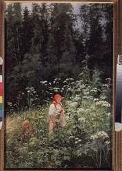 Garota na frente de um tufo de grama (Garota em um tufo de grama). Pintura de Olga Antonovna Lagoda Shishkina (1850-1881), óleo sobre tela